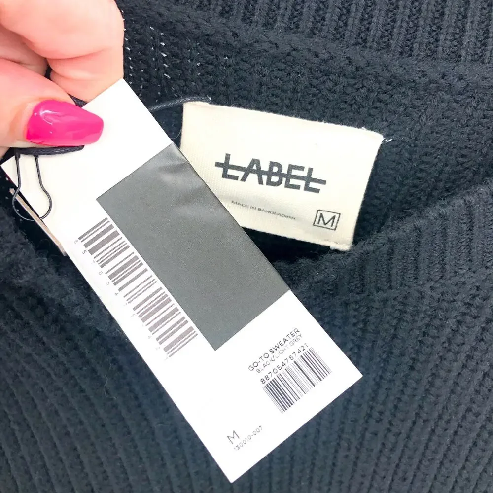 LABEL Men Go-To Sweater Medium Black Grey Merino Wool Knit Crewneck Pullover NWT